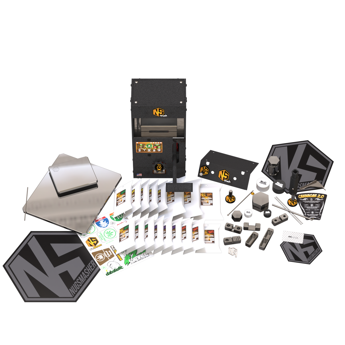 Nugsmasher Touch 12-ton rosin press bundle with accessories, bags, and stickers.