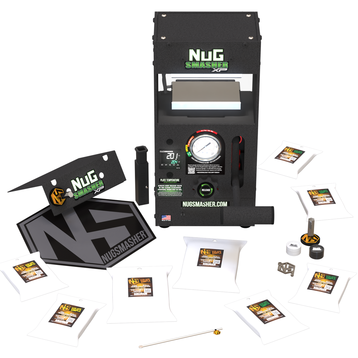 Nug Smasher XP rosin press with collection bags, a dab tool, and other accessories on a white background.