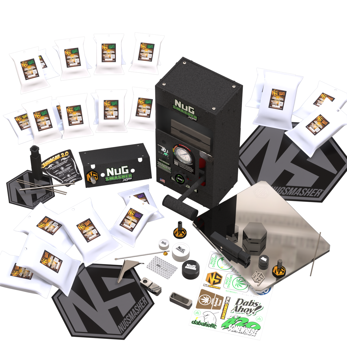 Nugsmasher XP rosin press master bundle with extraction bags, tools, and stickers.