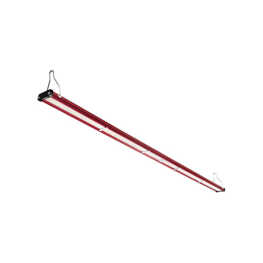 Red LED grow light bar with white LEDs and hanging wires, on a white background.