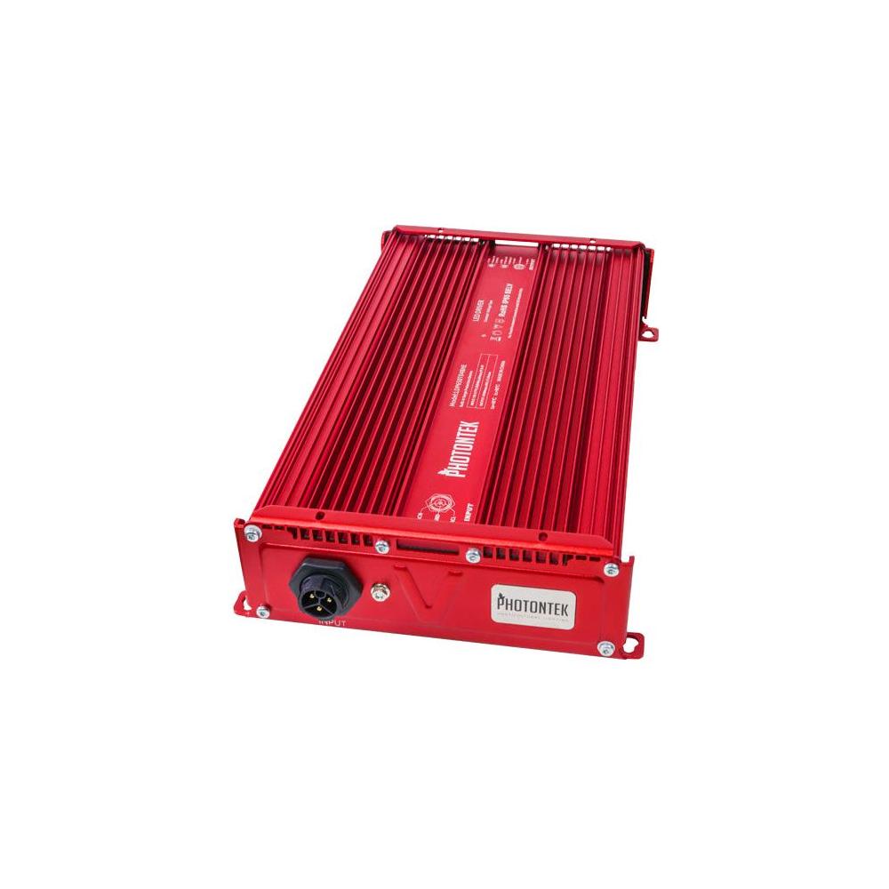 Red Photonteck VF 650W LED driver with label and input connector.