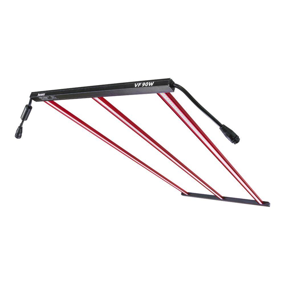 Full-spectrum LED grow light with black bar and red arms, labeled "VF 90W".