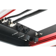 PhotonTek X 600W LED grow light's black control panel: power cables, 'DIMMING IN' & 'OUT' ports, and red frame.