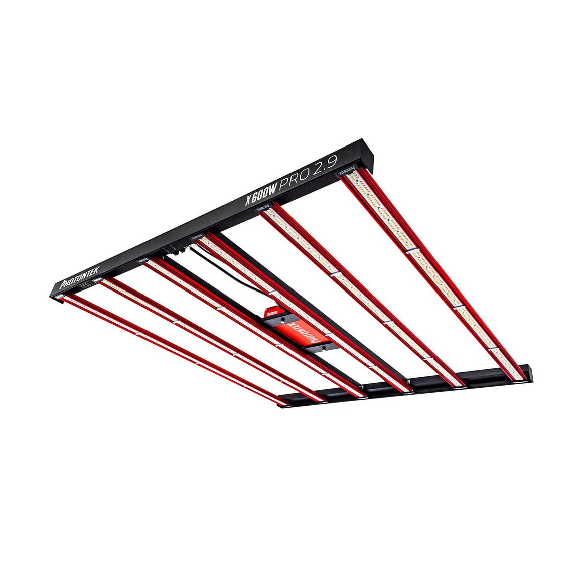 PHOTONTEK X600W PRO 2.9 full-spectrum LED grow light with red bars and a black rectangular frame, angled view.