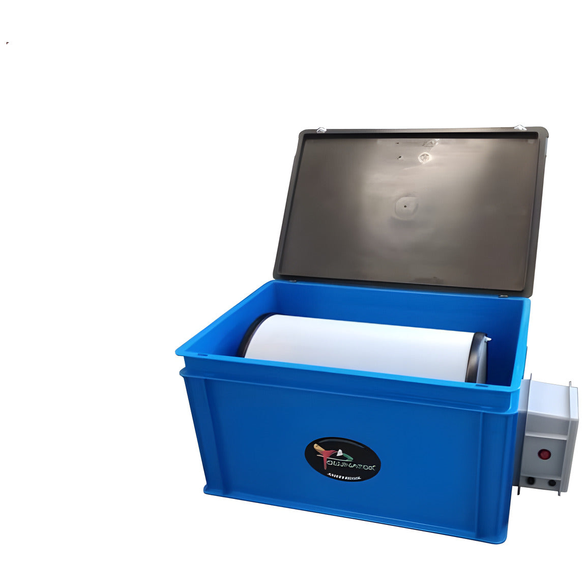 Blue bin with open black lid, white cylinder inside, gray motor box on side.