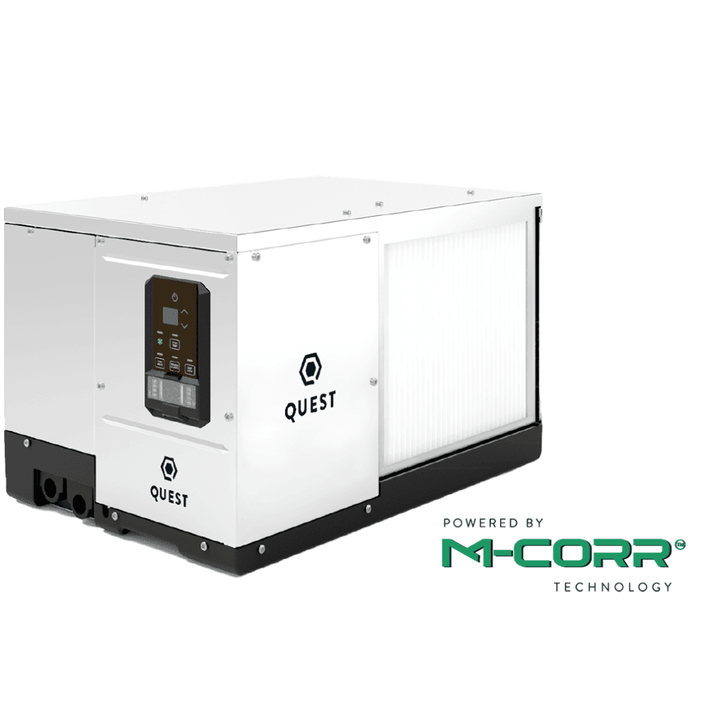 Quest 100 dehumidifier, white with black base, digital display, and "M-CORR TECHNOLOGY" logo.