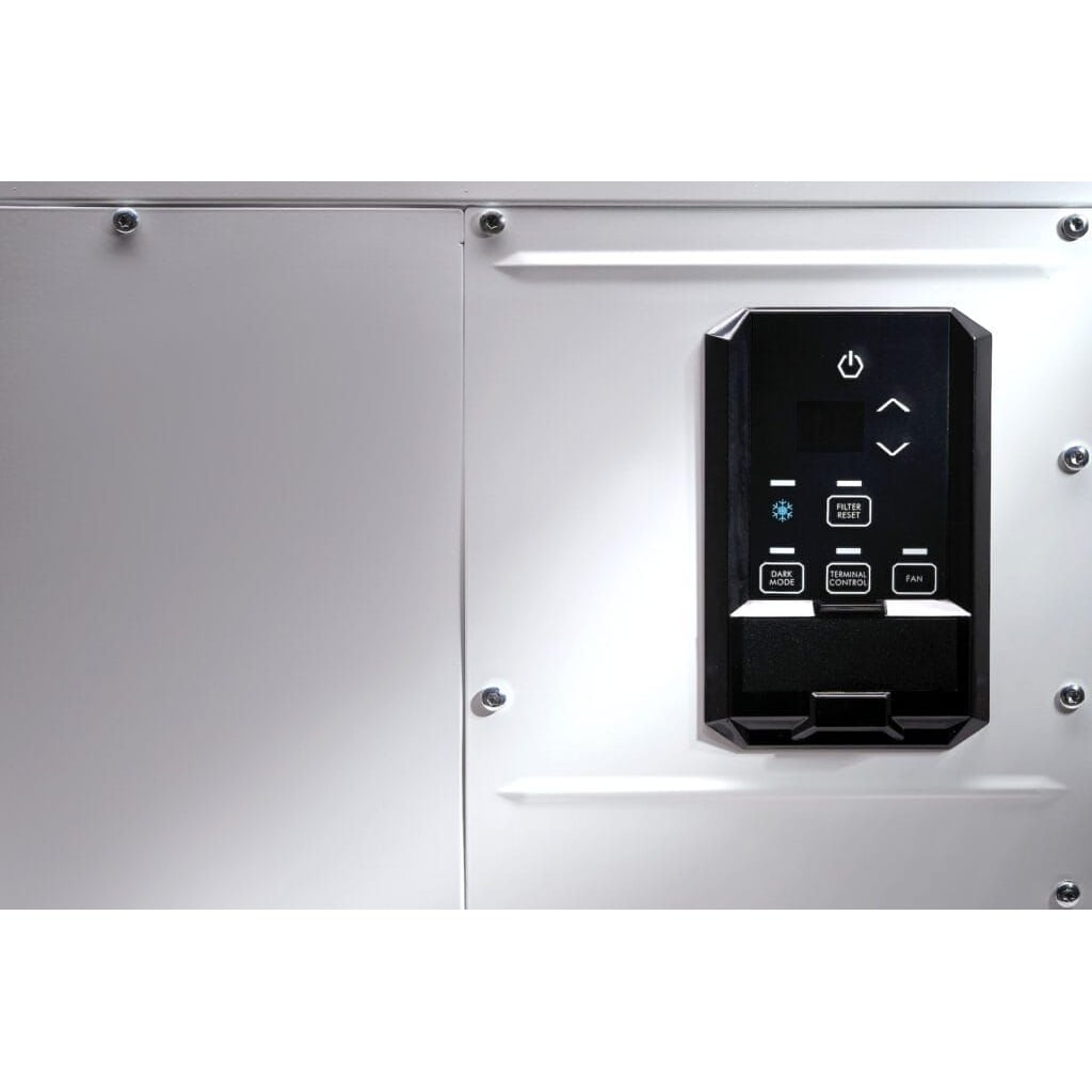 Control panel with power, navigation, filter reset, and fan buttons on a white dehumidifier unit.