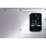 Control panel with power, navigation, filter reset, and fan buttons on a white dehumidifier unit.