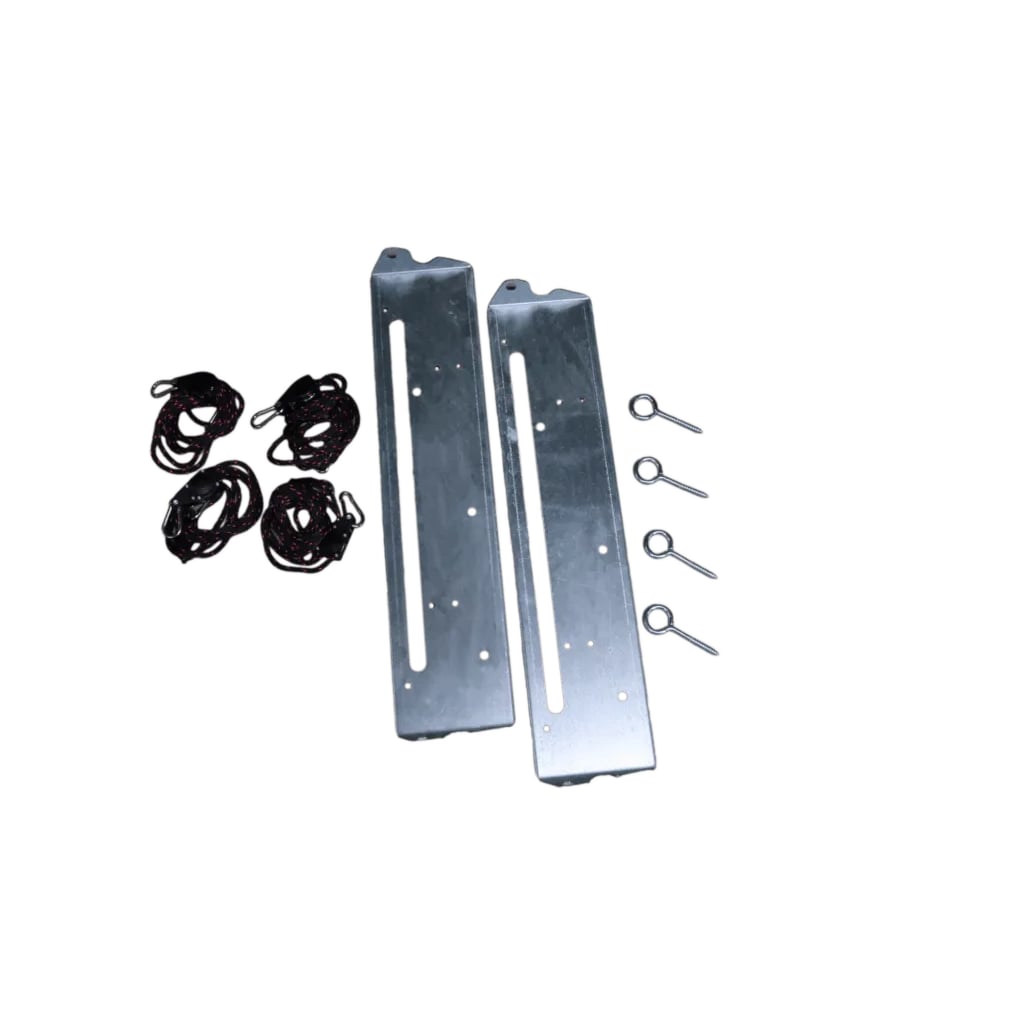 Two metal brackets, four ropes, and four pins on a white background.