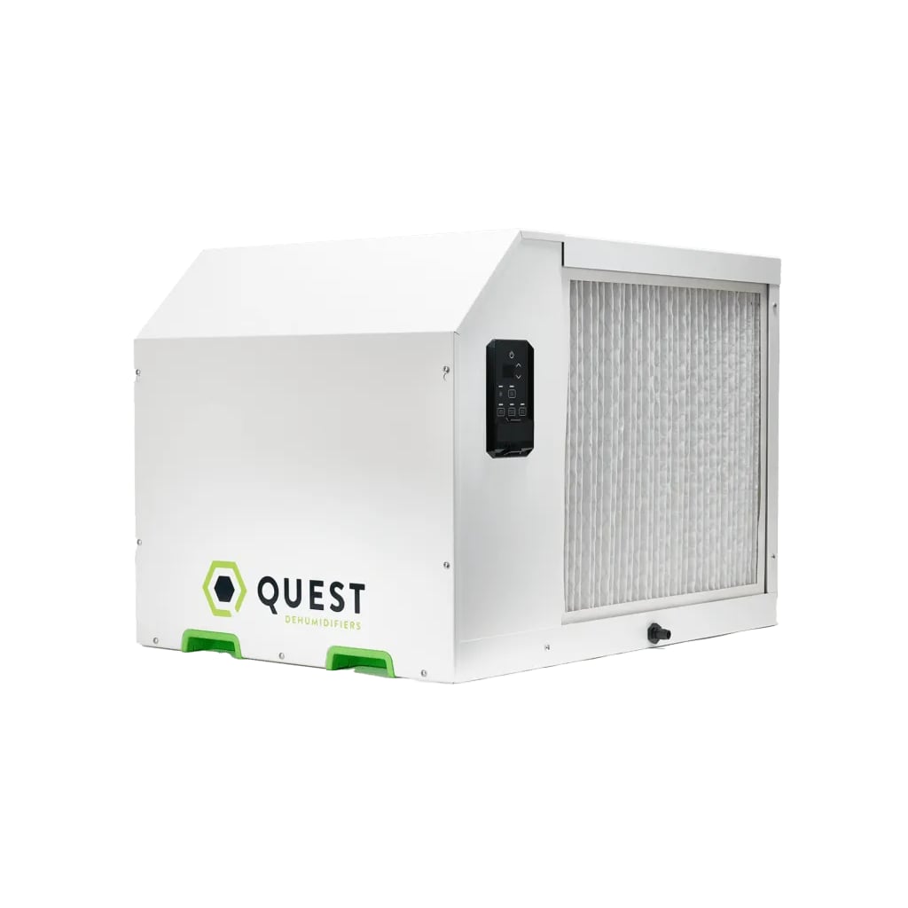 Quest 335 industrial dehumidifier with a white metal body and green accents.