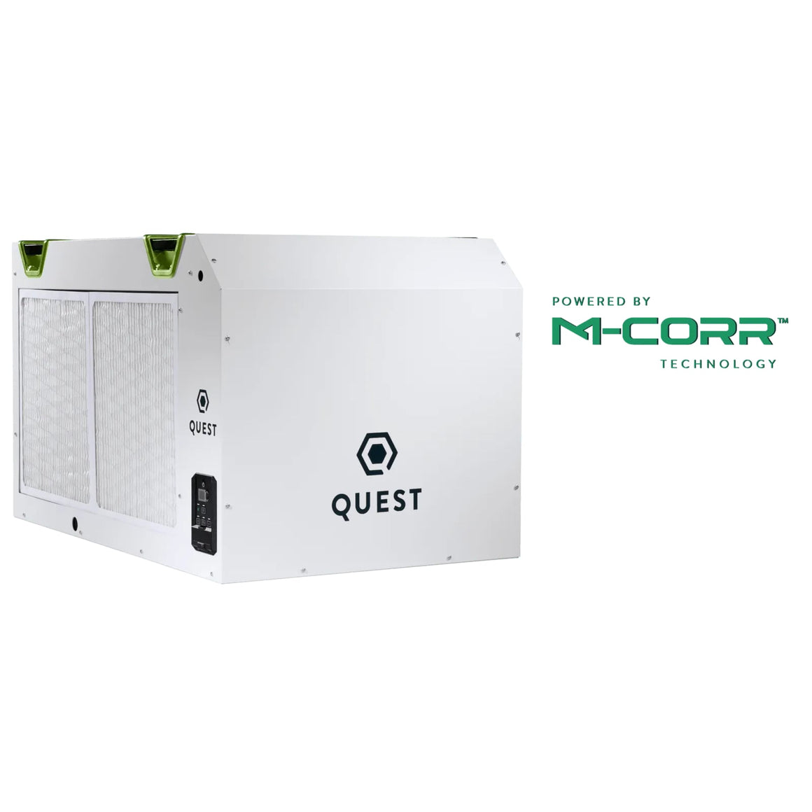 Quest 506 dehumidifier with M-CORR Technology. White unit with green accents and air filters.