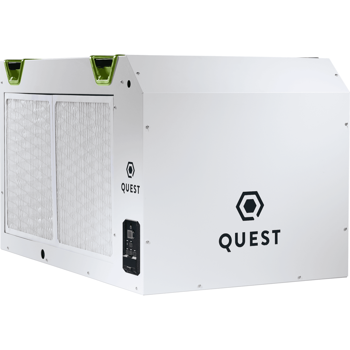 Quest 746 industrial dehumidifier with white casing, green handles, and dual air filters.