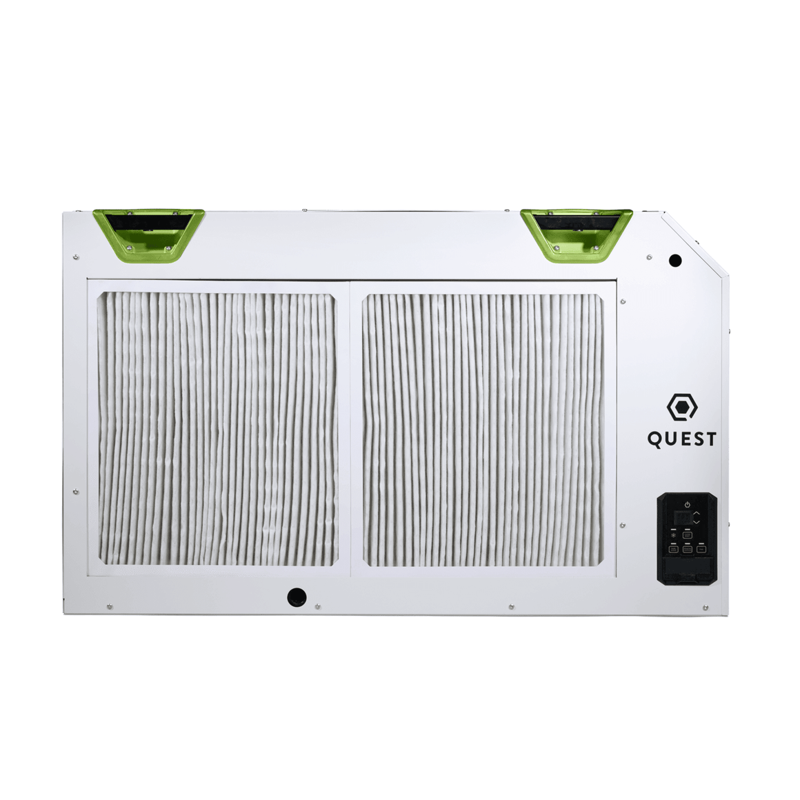 Quest industrial dehumidifier with dual pleated filters, green handles, and digital control panel.