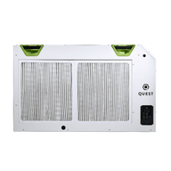 Quest industrial dehumidifier with dual pleated filters, green handles, and digital control panel.