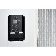 Black dehumidifier control panel with power, filter reset, and mode buttons next to a pleated air filter.