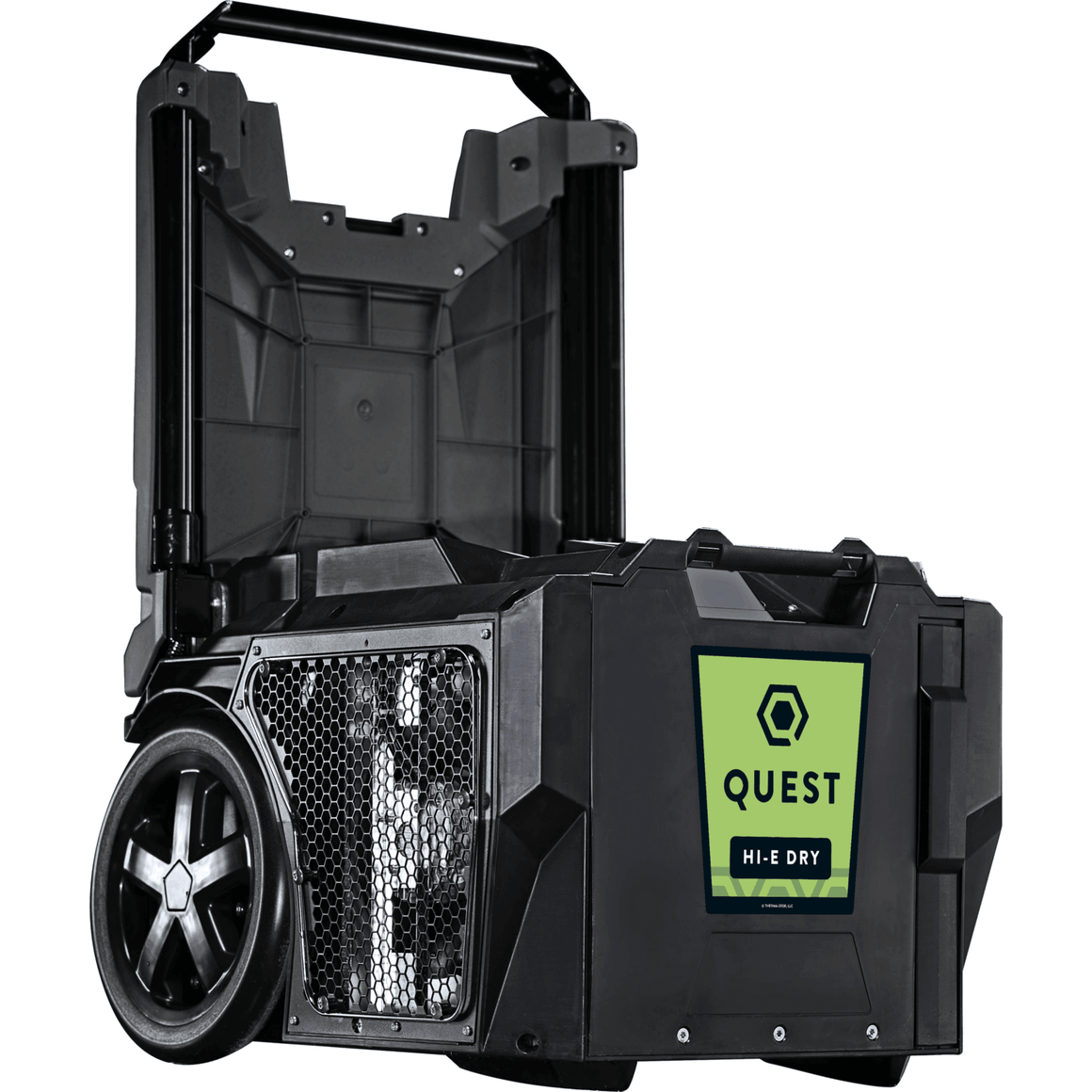 Black portable dehumidifier with "QUEST HI-E DRY" logo and honeycomb grill on a white background.