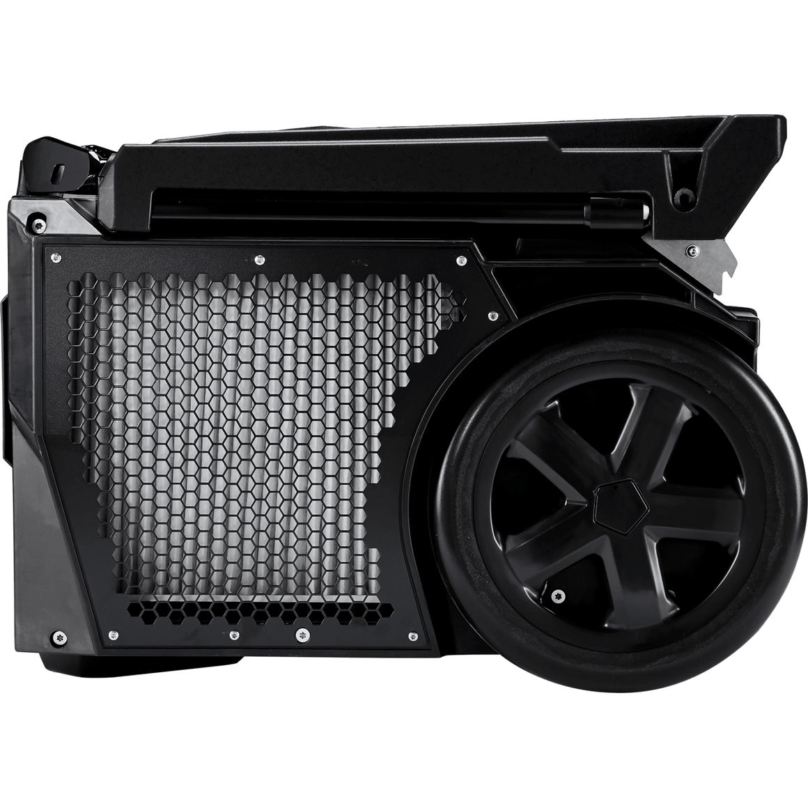 Black portable dehumidifier with honeycomb grill and wheel, side view.