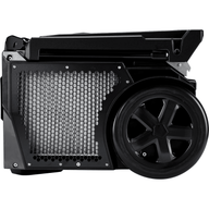 Black portable dehumidifier with honeycomb grill and wheel, side view.