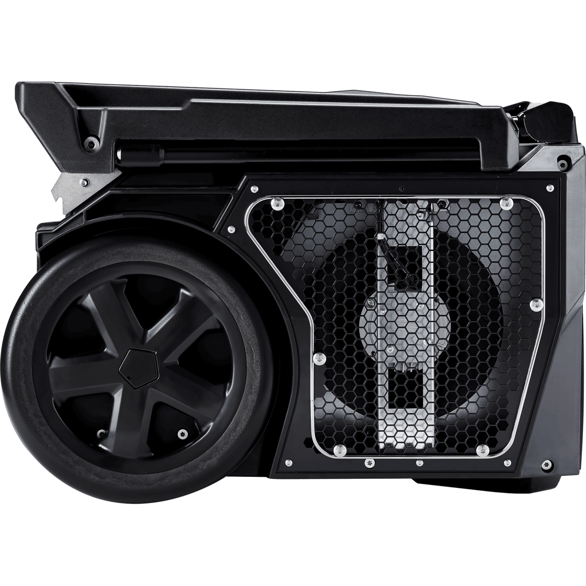 Black portable dehumidifier with a large wheel and a hexagonal mesh vent.