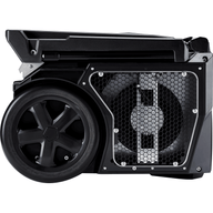 Black portable dehumidifier with a large wheel and a hexagonal mesh vent.