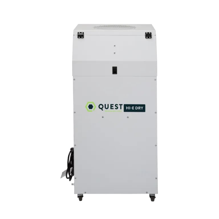 White Quest Hi-E Dry 195 portable dehumidifier with logo and black power cord.