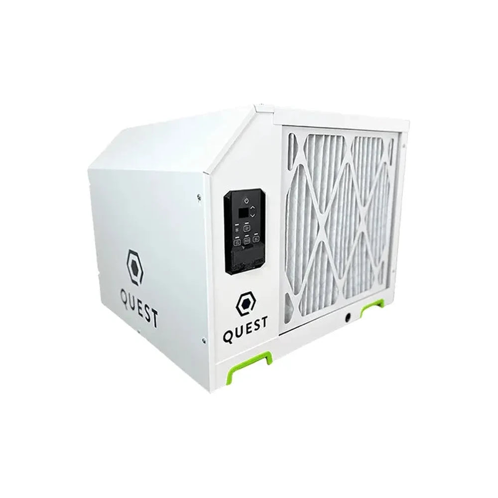 Quest Next-Gen 225 dehumidifier with pleated filter and digital display.