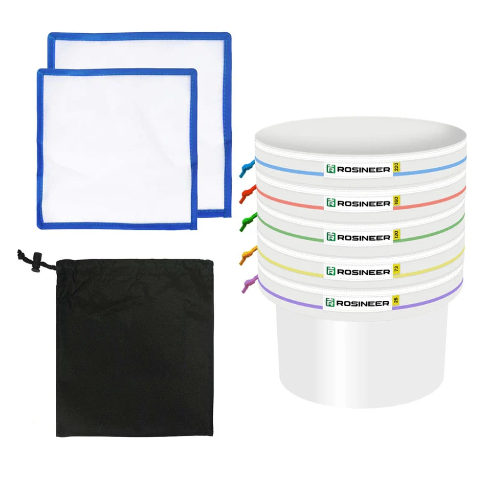 Rosineer ice bubble hash extraction filter bag set with 2 mesh bags, 5 micron bags (220-25), and storage pouch.
