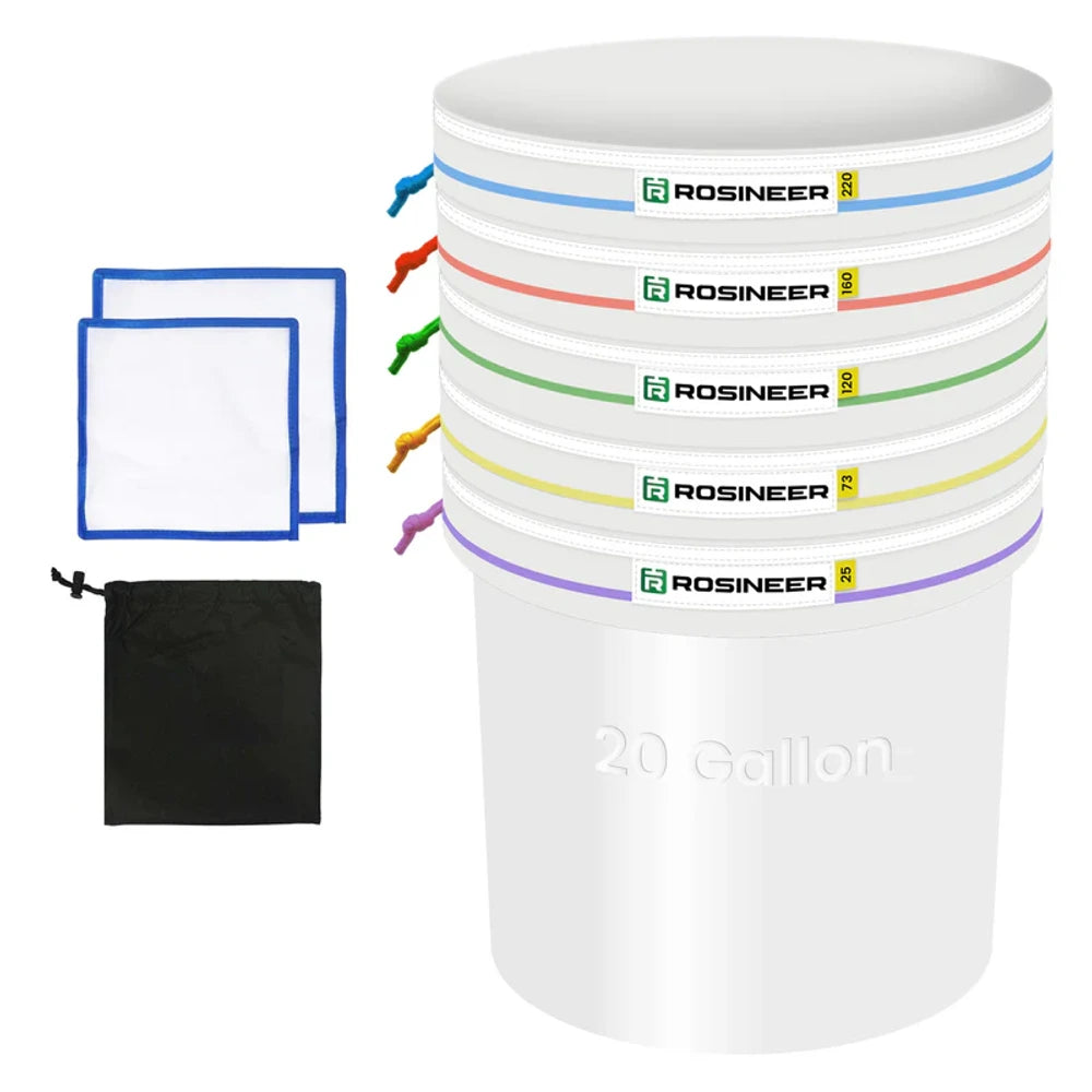 Rosineer 20-gallon ice bubble hash extraction filter bag set with 5 color-coded micron bags, 2 screens, and storage.