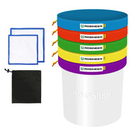 Rosineer 10 gallon ice bubble hash extraction filter bags set with five colorful mesh bags, two white cloths, and black storage bag.