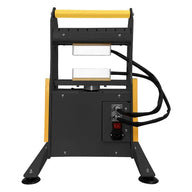 Yellow and dark grey Rosineer Boost 12 hydraulic rosin press with two rectangular plates, top handle, and side controls.