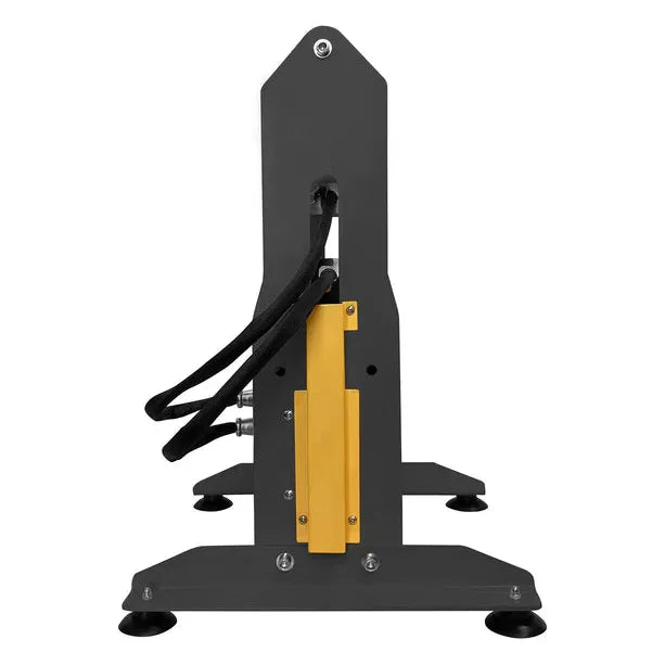 Side view of a Rosineer Boost 12 hydraulic rosin press, dark gray with yellow components and black hoses.