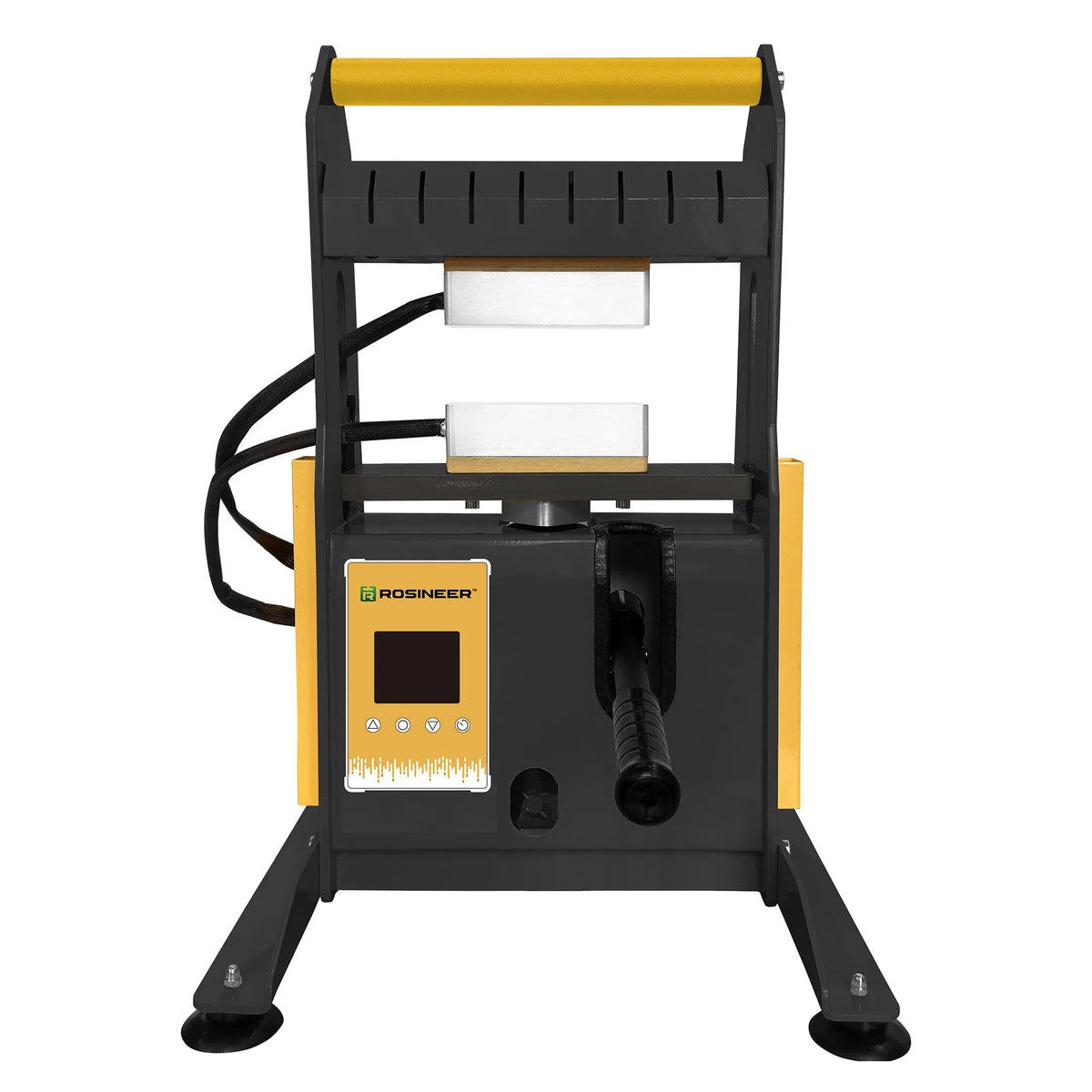 Rosineer Boost 12 hydraulic rosin press, black and yellow, featuring dual heating plates, a digital display, and a handle.