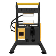 Rosineer Boost 12 hydraulic rosin press, black and yellow, featuring dual heating plates, a digital display, and a handle.