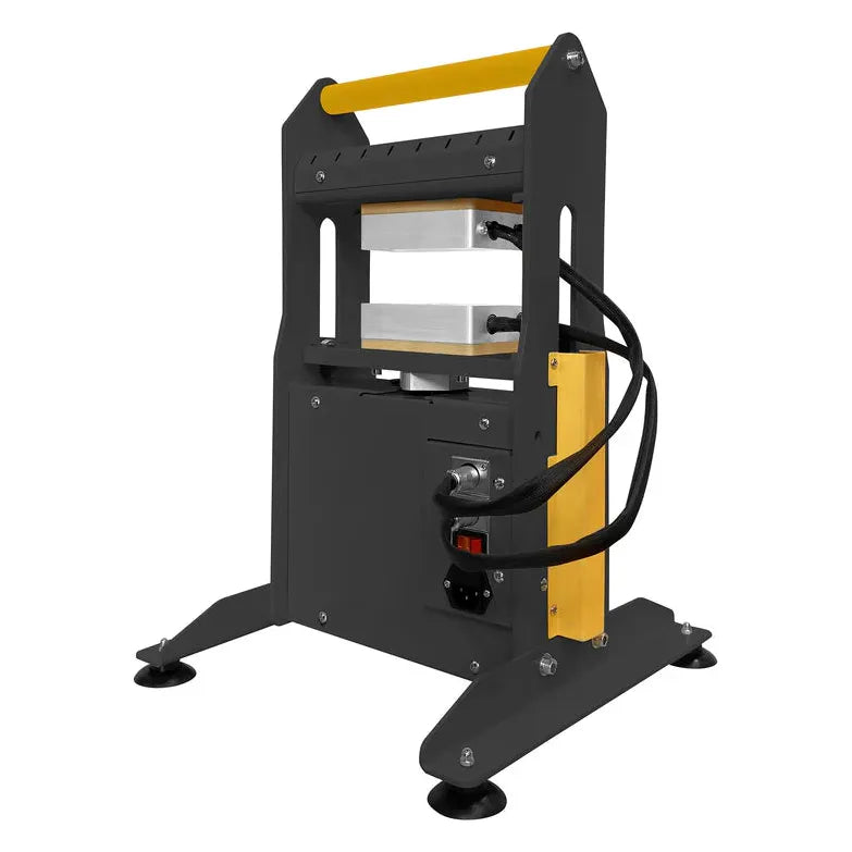 Rosineer Boost 12 hydraulic rosin press, dark grey with yellow handle, silver heating plates, and cables.