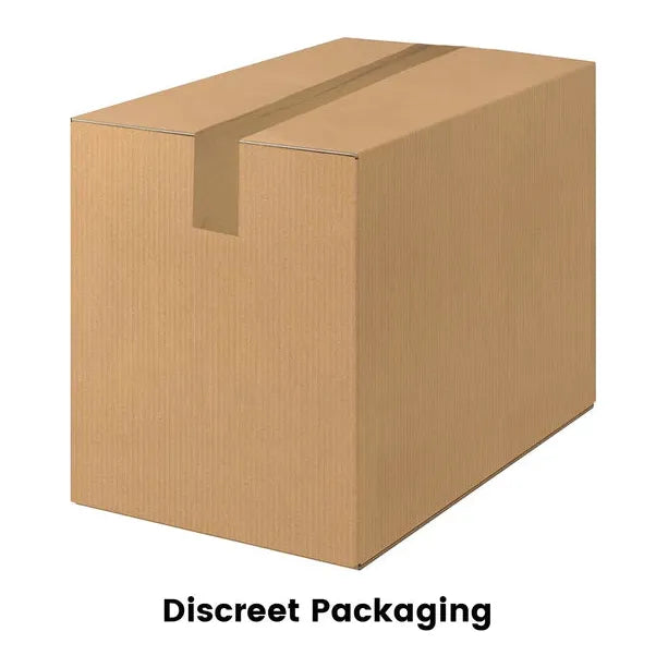 A plain brown cardboard shipping box, sealed with tape, indicating discreet packaging.