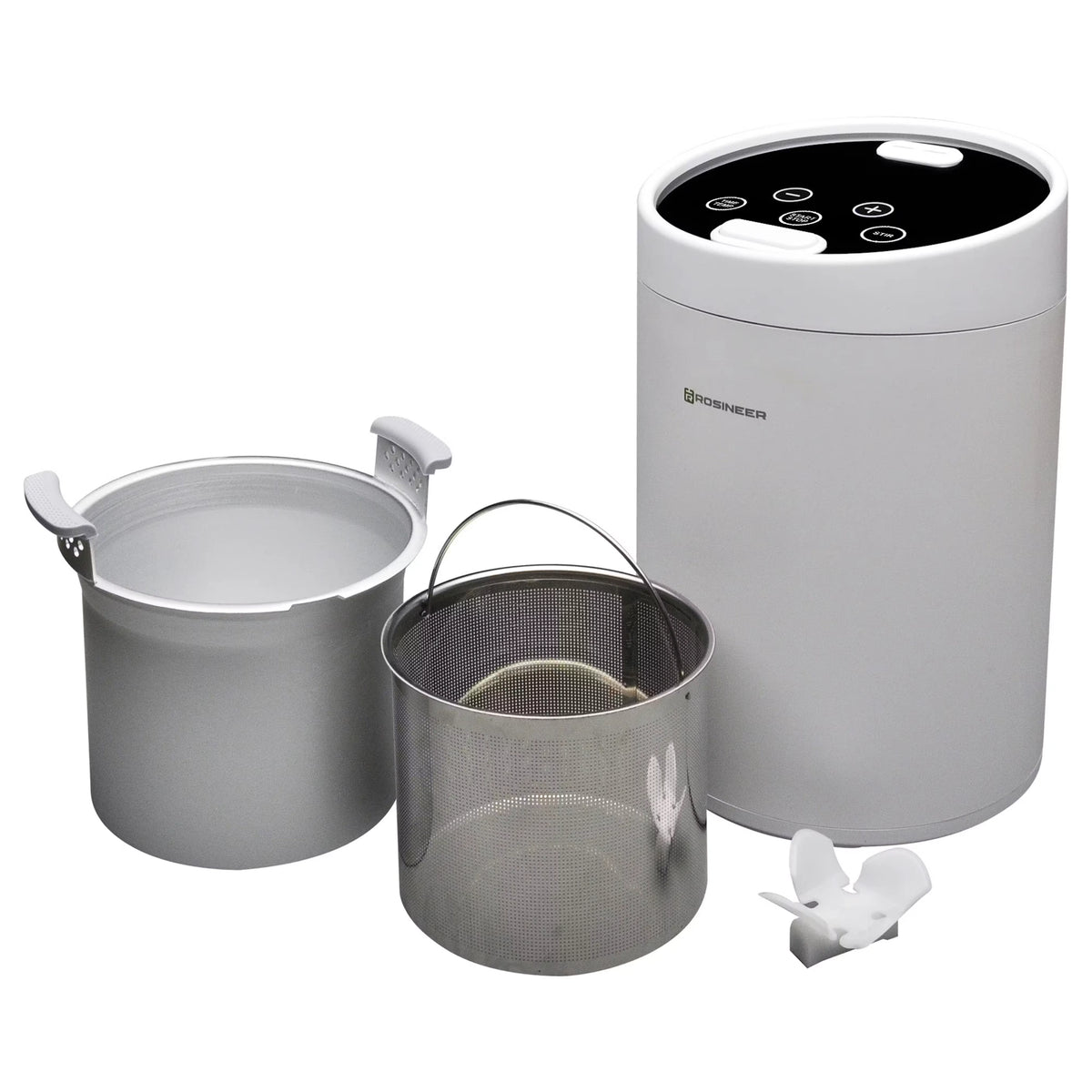 White Rosineer decarboxylator infuser machine with metal basket and insert.
