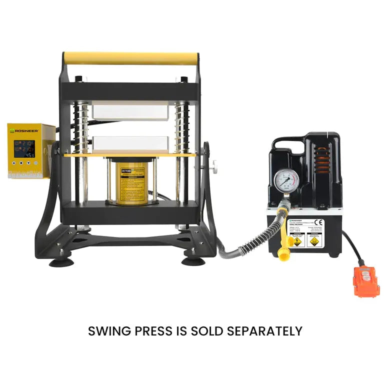 Black rosin press with yellow handle and digital display. Black hydraulic pump with hose.