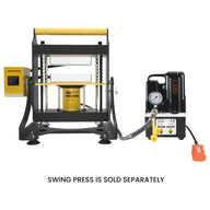 Black rosin press with yellow handle and digital display. Black hydraulic pump with hose.