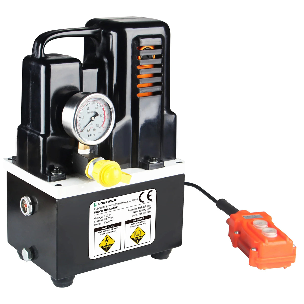 Rosineer electric-powered hydraulic pump with pressure gauge and remote control.