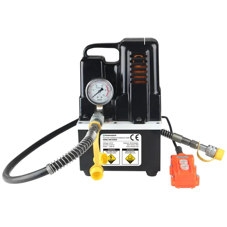 Electric powered hydraulic pump with pressure gauge and remote control.