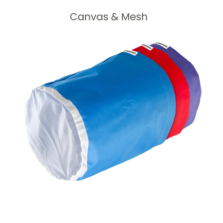 Three Rosineer bubble hash extraction filter bags in blue, red, and purple, with white mesh lining visible. Text: Canvas & Mesh.
