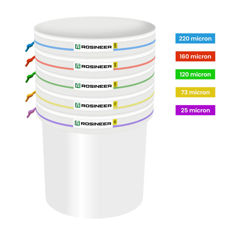 ROSINEER 10-gallon ice bubble hash extraction filter bags set: 5 white bags with 220, 160, 120, 73, 25 micron bands.