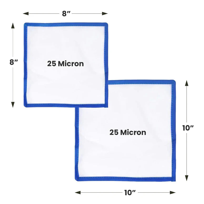 Two white mesh filter bags with blue trim, one 8x8 inch and one 10x10 inch, both labeled 25 Micron.