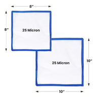 Two white mesh filter bags with blue trim, one 8x8 inch and one 10x10 inch, both labeled 25 Micron.