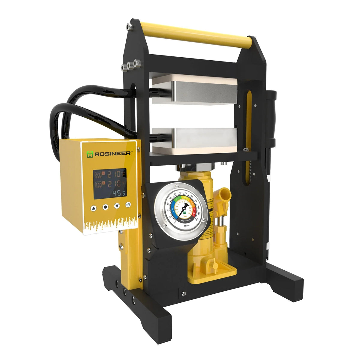 Yellow and black Rosineer Mighty 10 hydraulic rosin press with digital display and pressure gauge.