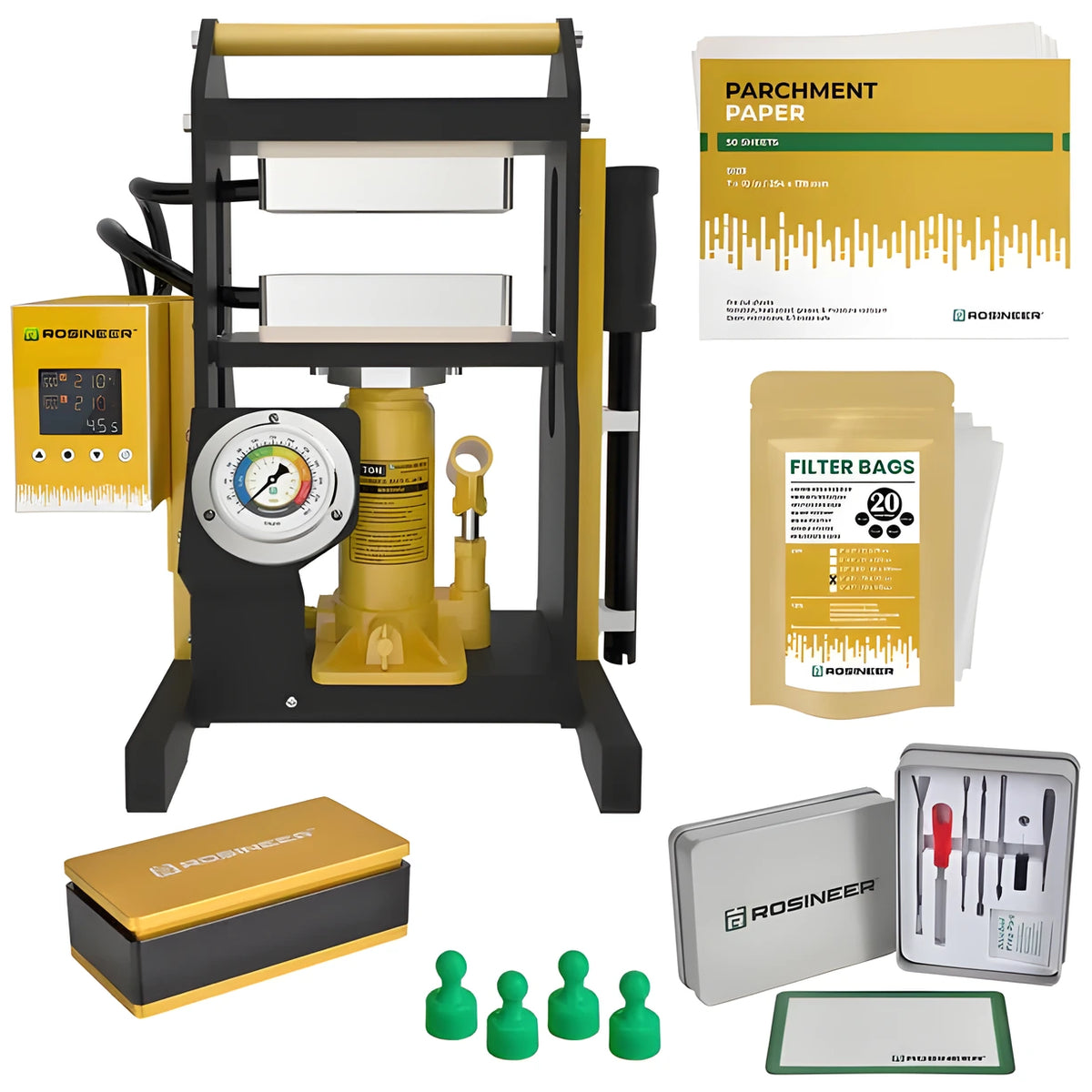 Rosineer Mighty 10 Hydraulic Rosin Press with parchment paper, filter bags, and tools.