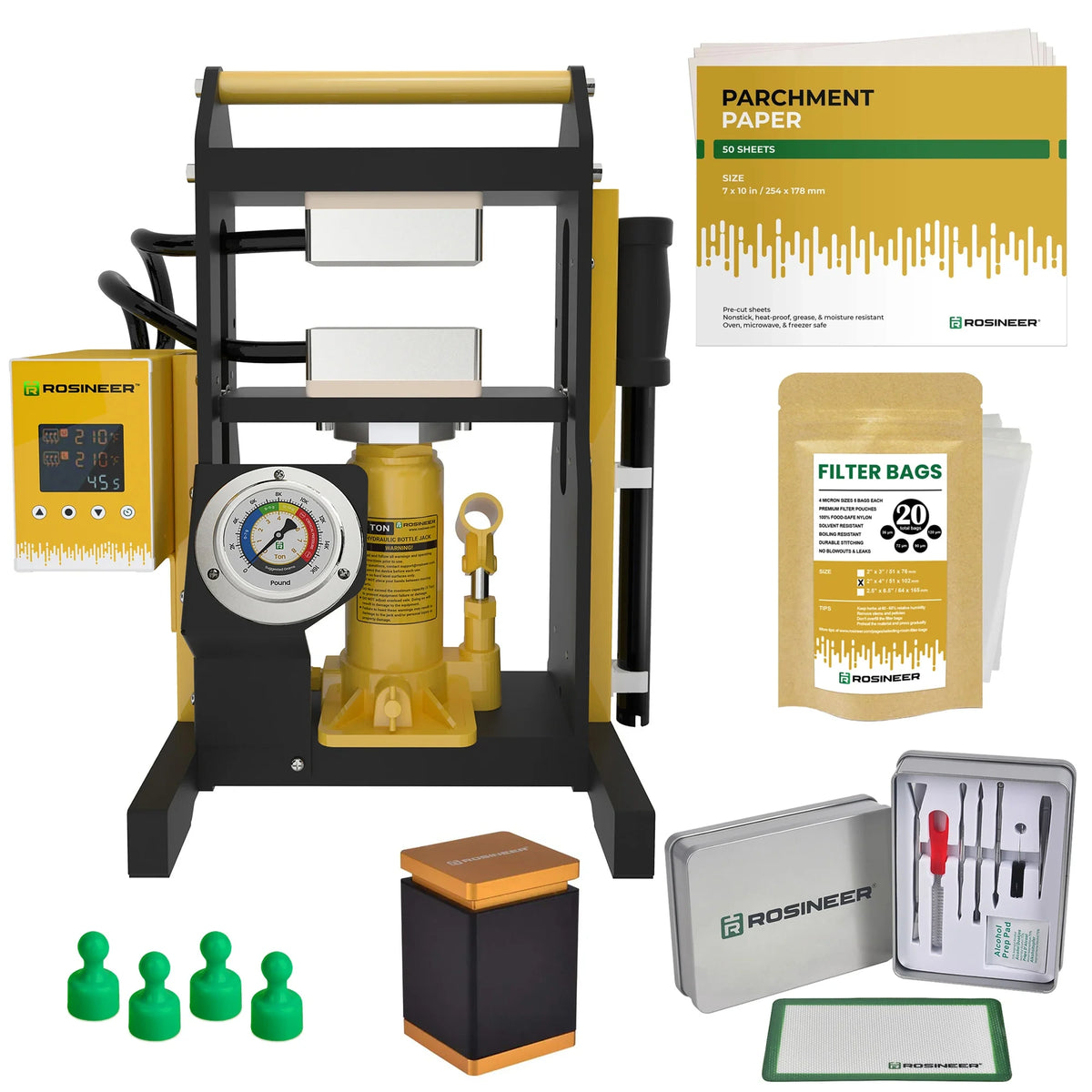 Yellow and black Rosineer 5.5 Ton hydraulic rosin press with digital controls, pressure gauge, parchment paper, filter bags, and dab tools.