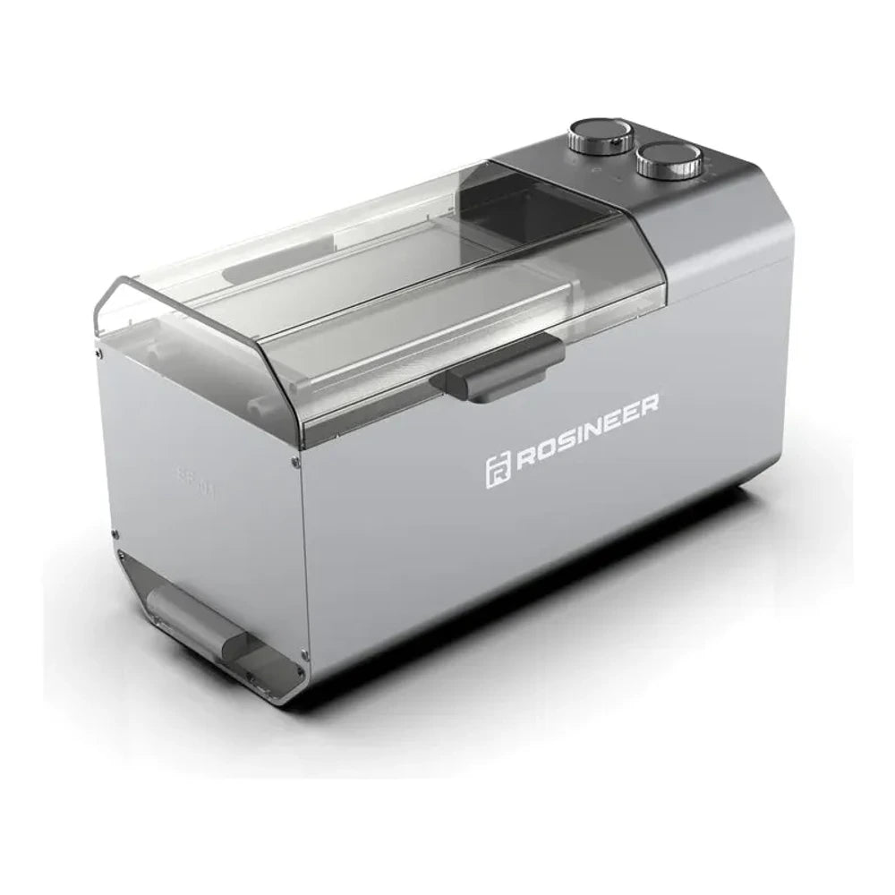 Rosineer PTX pollen tumbler dry sifter with clear lid, silver base, and control knobs.