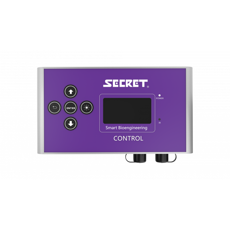 SECRET Smart Bioengineering CONTROL unit, purple & silver, with display, navigation buttons, brightness control, ports.