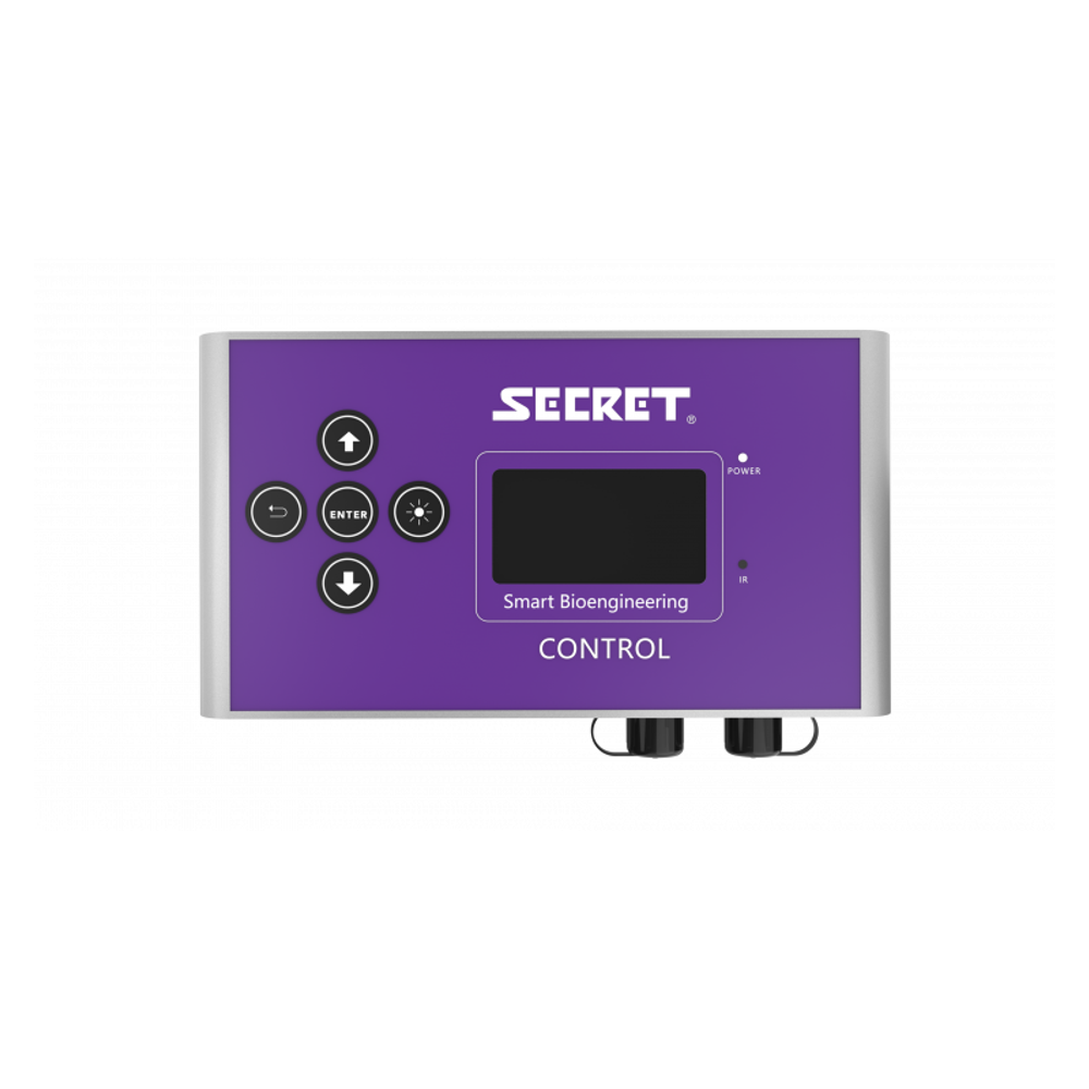 SECRET Smart Bioengineering CONTROL unit, purple & silver, with display, navigation buttons, brightness control, ports.
